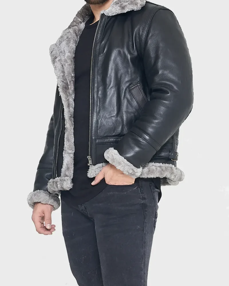 Aviator Black RAF B3 Shearling Grey Fur Leather Jacket (1)