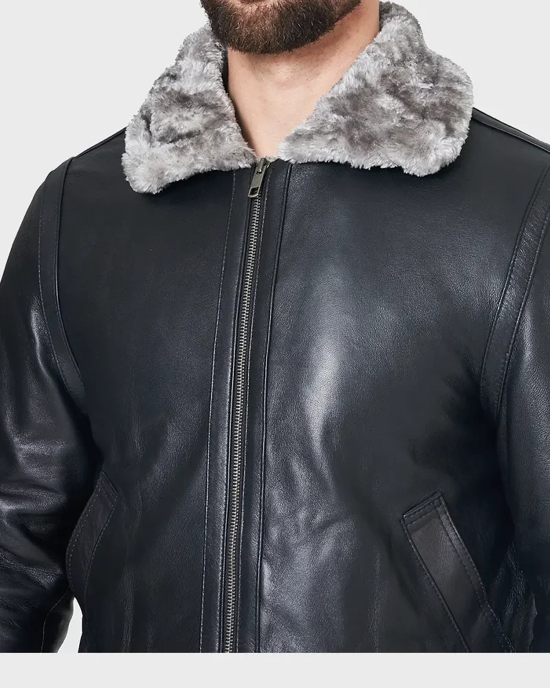Aviator Black RAF B3 Shearling Grey Fur Leather Jacket (2)