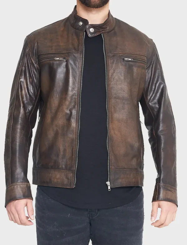 Men's Vintage Retro Waxed Distressed Brown Motorcycle Leather Jacket (1)