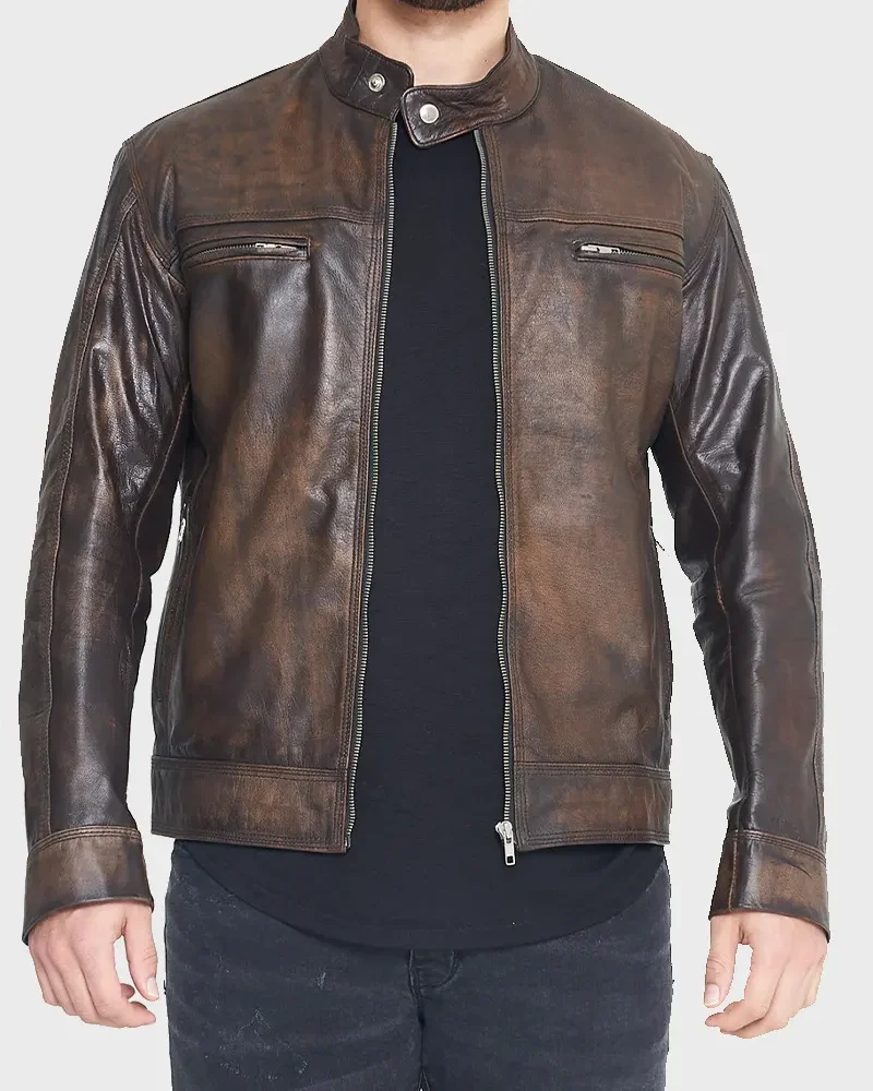 Men's Vintage Retro Waxed Distressed Brown Motorcycle Leather Jacket (1)