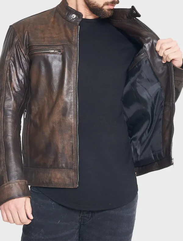 Men's Vintage Retro Waxed Distressed Brown Motorcycle Leather Jacket (2)