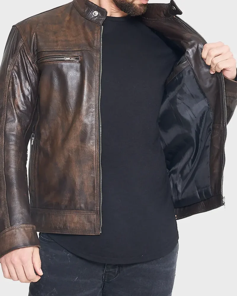 Men's Vintage Retro Waxed Distressed Brown Motorcycle Leather Jacket (2)
