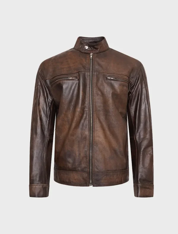 Men's Vintage Retro Waxed Distressed Brown Motorcycle Leather Jacket (3)