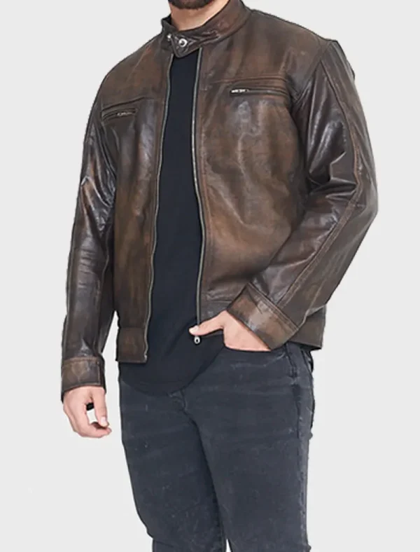Men's Vintage Retro Waxed Distressed Brown Motorcycle Leather Jacket (4)