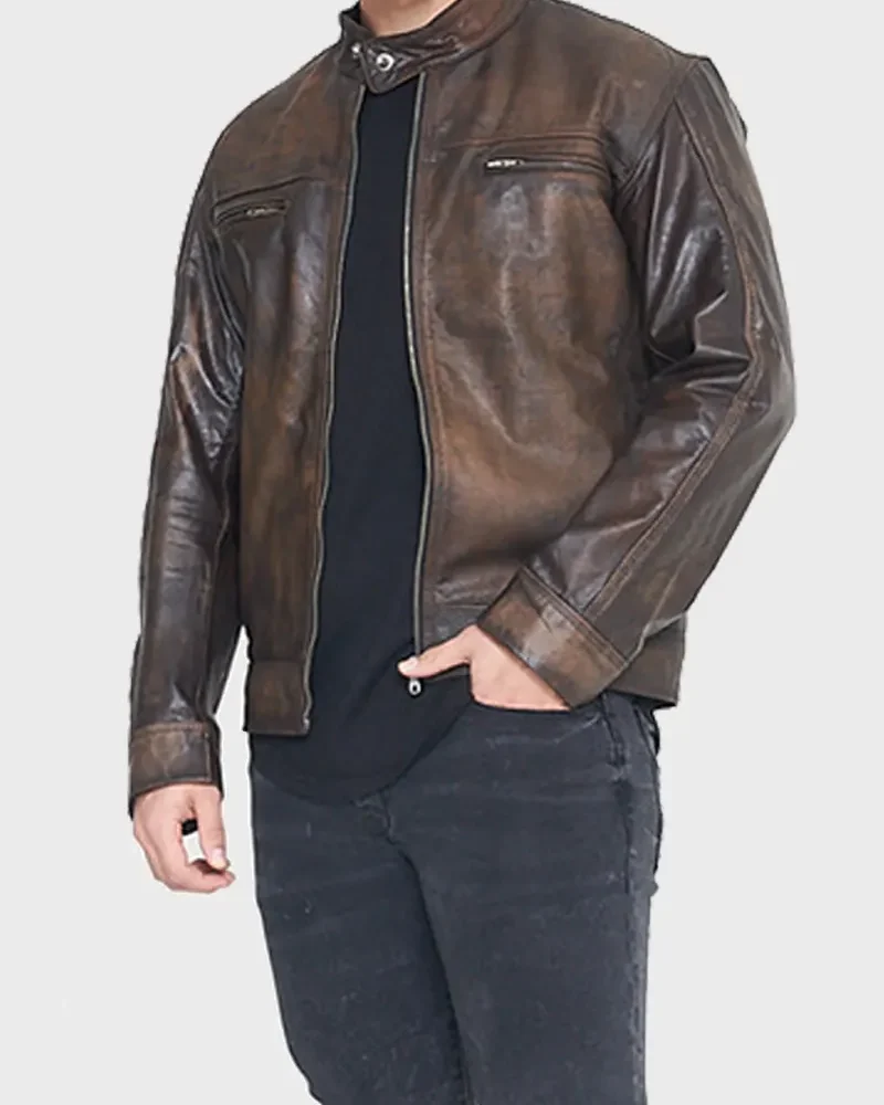 Men's Vintage Retro Waxed Distressed Brown Motorcycle Leather Jacket (4)