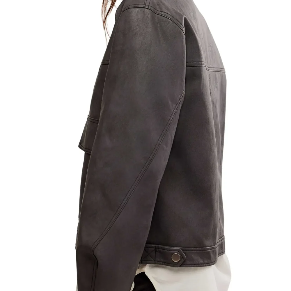 blair black faux leather jacket side pose