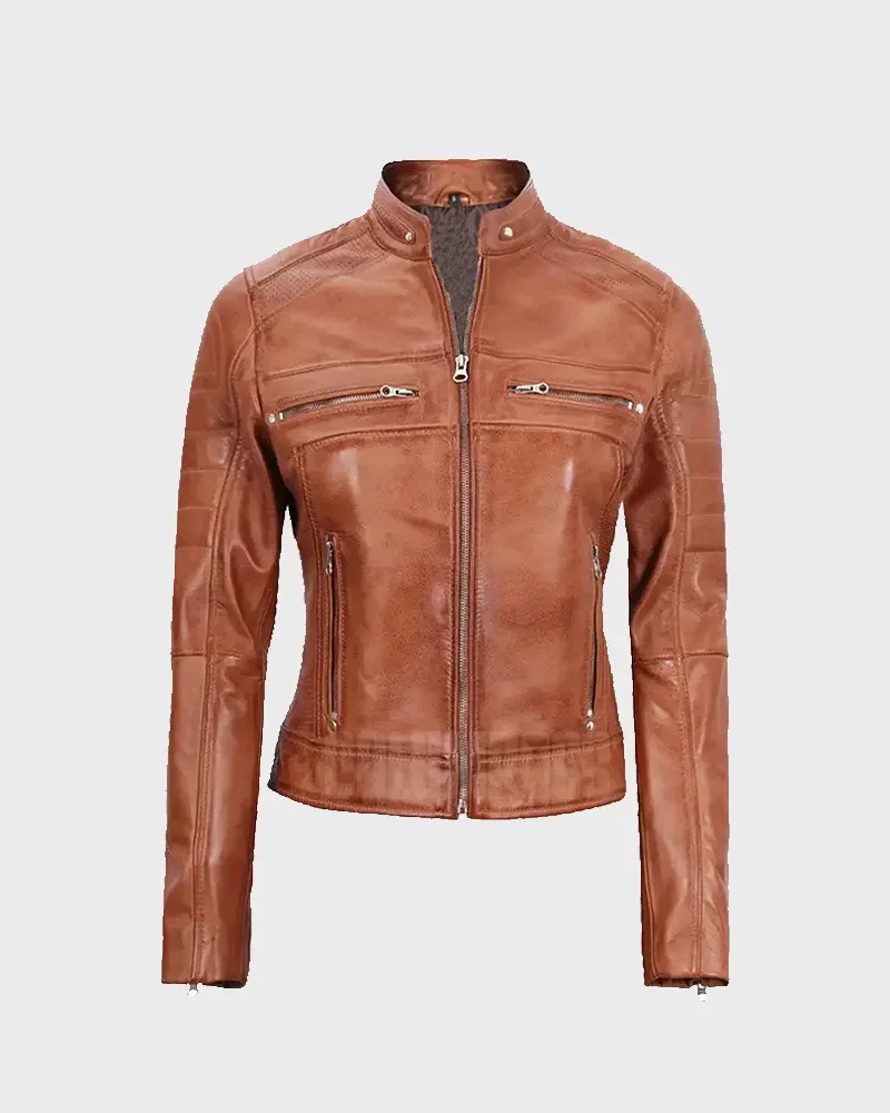 Women Tan Lambskin Cafe Racer Leather Jacket