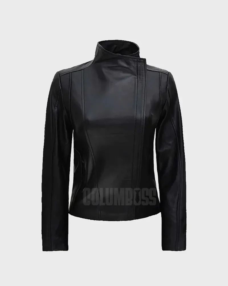 Flap Closure Women Black Leather Jacket