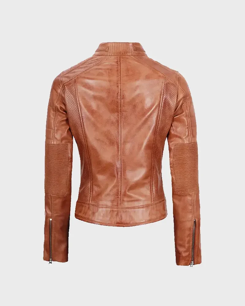 Women Tan Lambskin Cafe Racer Leather Jacket Back view