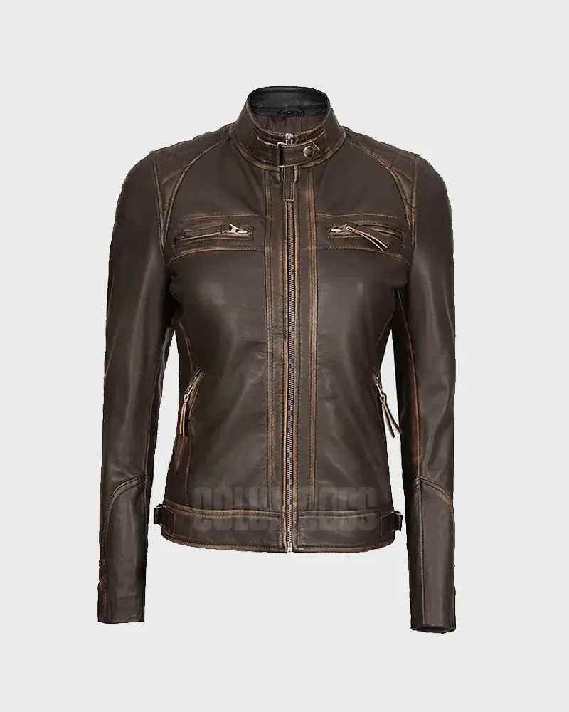 Women Quilted Distressed Brown Cafe Racers Leather Jacket