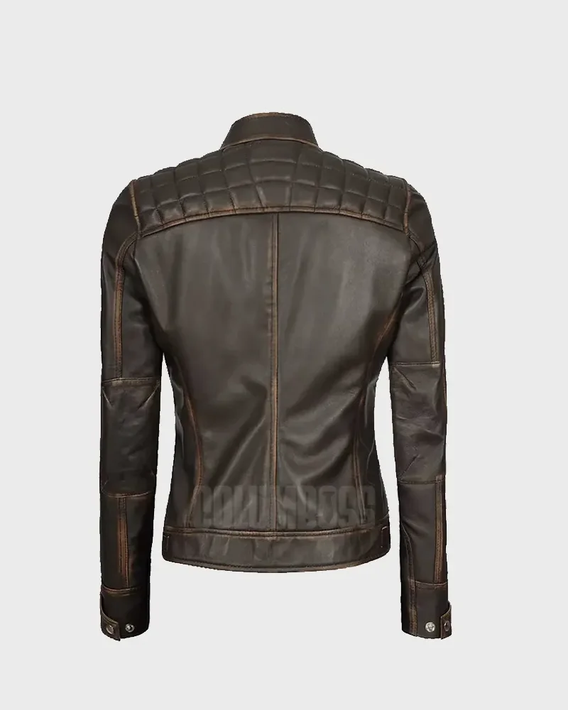 Women Quilted Rub Off Biker Leather Jacket Back View