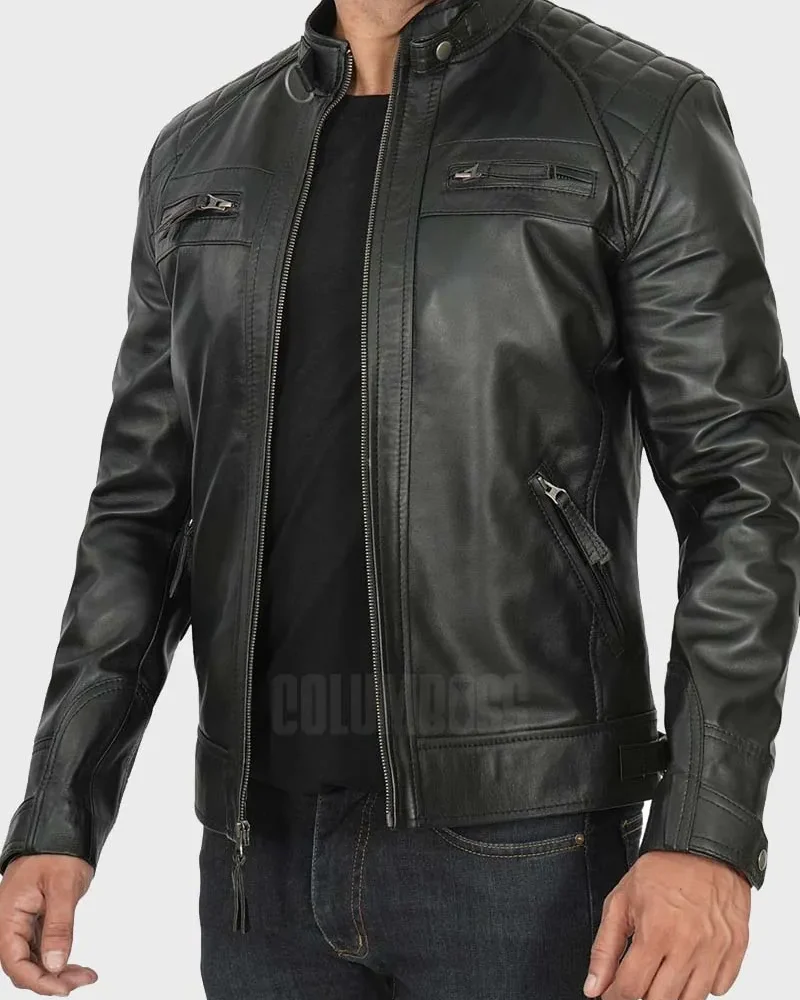 Quilted Shoulder Biker Jacket – Black Leather