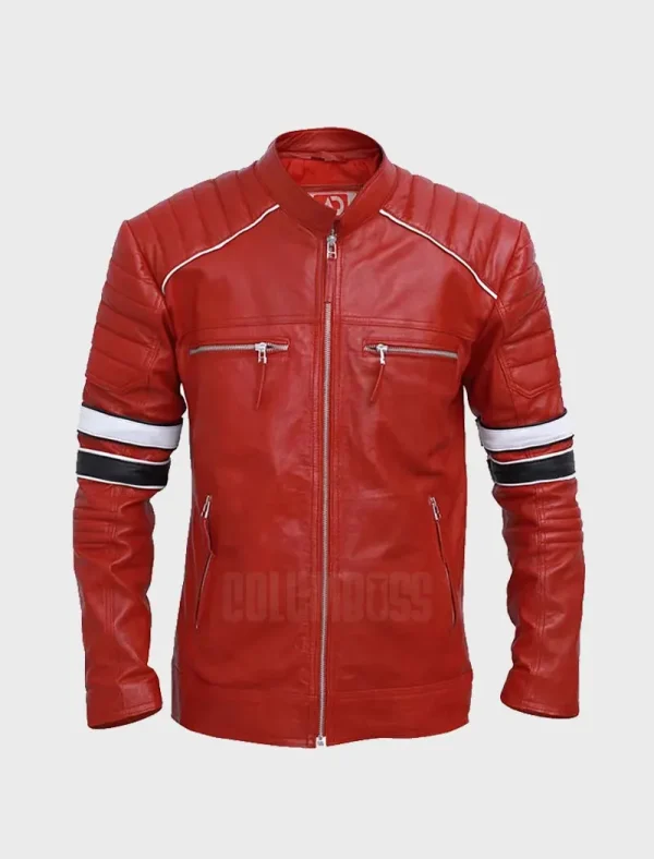 Men’s Leather Moto Jacket with Red Racing Stripes