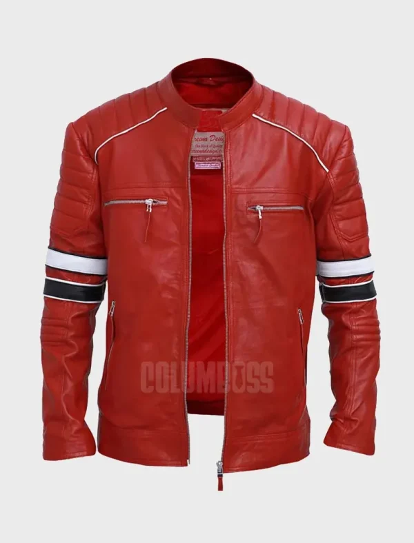 Red Cafe Racer Striped Leather Jacket - Image 3