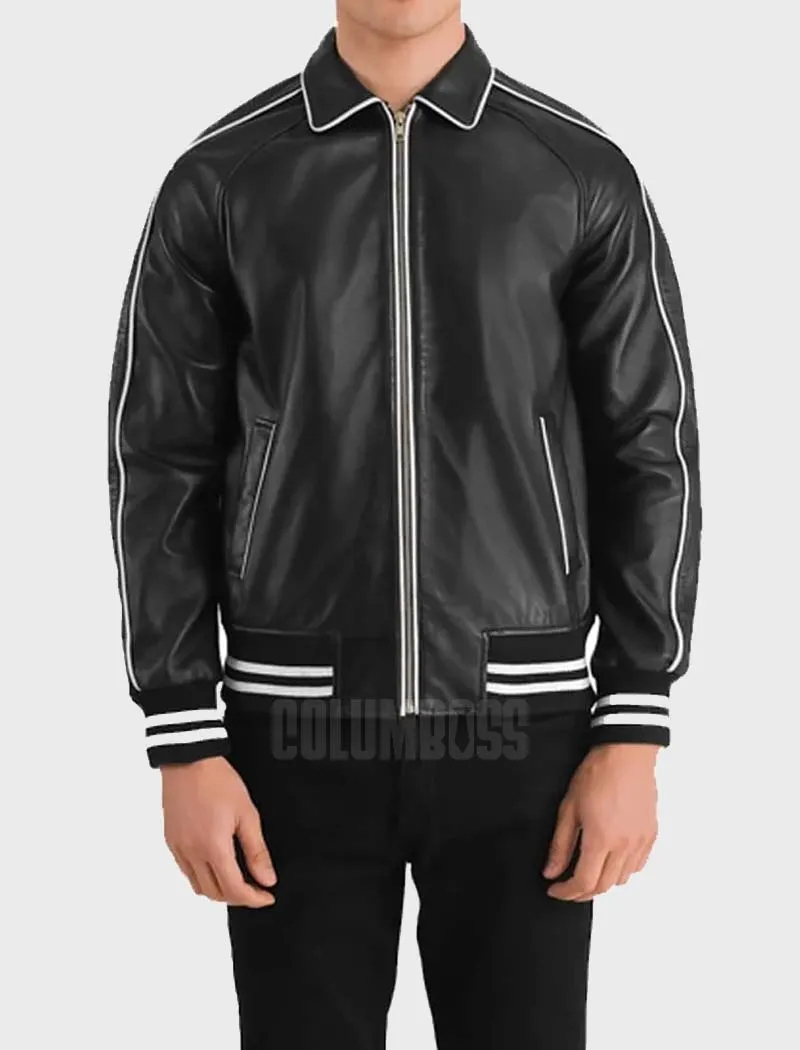 Black Leather Letterman Jacket Men