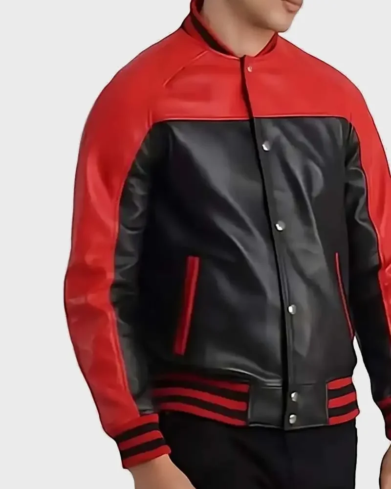 Men’s Leather Bomber Jacket Red Black