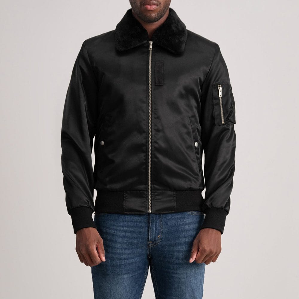 Classic Black Bomber Jacket with Sleeve Zipper Pocket