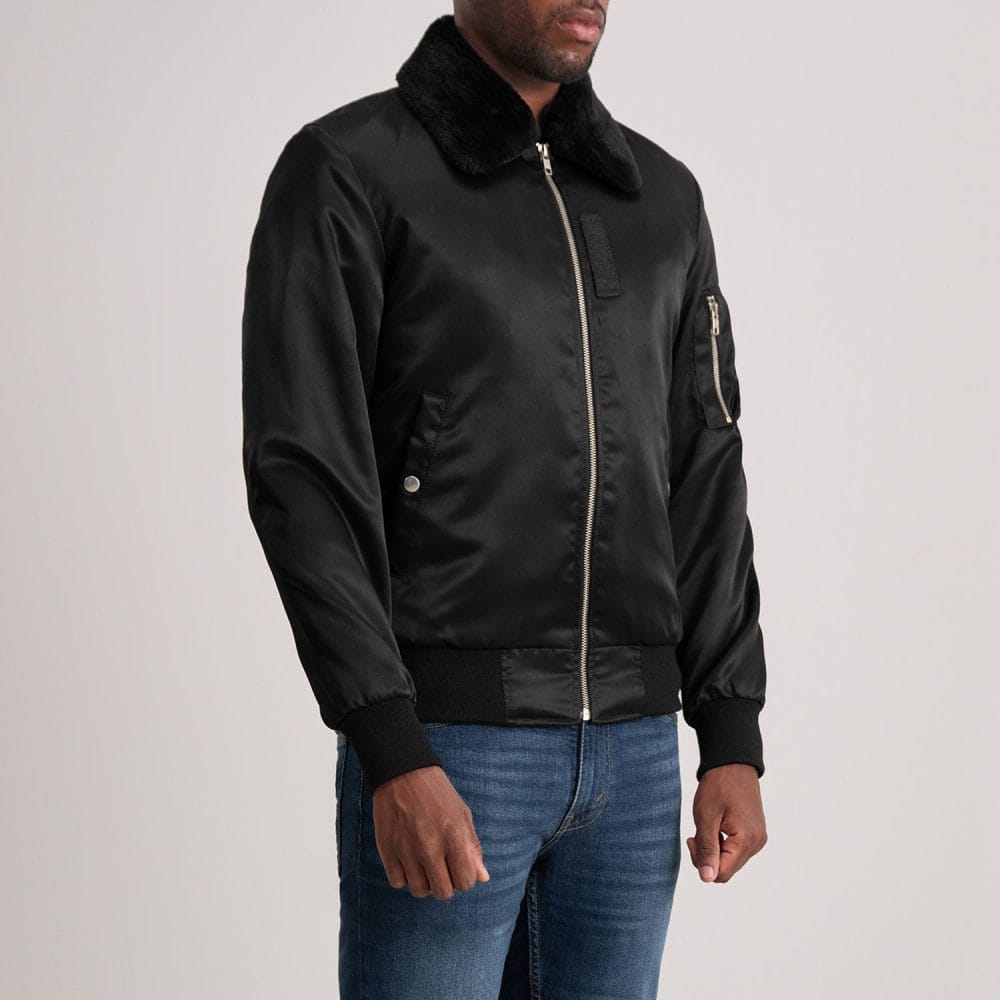Classic Black Bomber Jacket with Sleeve Zipper Pocket